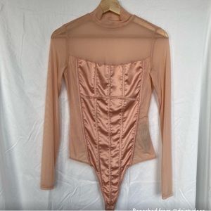 GUESS Satin Mesh Mock Neck Long Sleeve Bodysuit Size Medium Peach